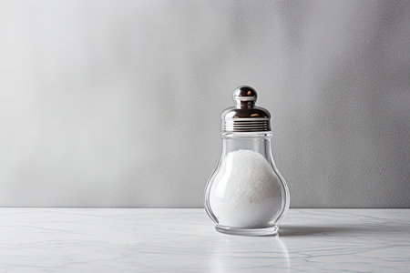 Salt shaker on gray table with white background for textの素材