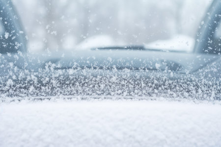Snow covered car windshield presenting a snowy front viewの素材