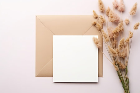 Simple card design with reed flower envelope blossom flat top viewの素材