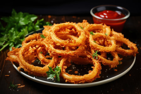 Homemade onion rings with tomato sauce fried and crispyの素材