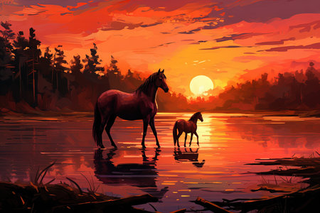 Horses under the setting sunの素材