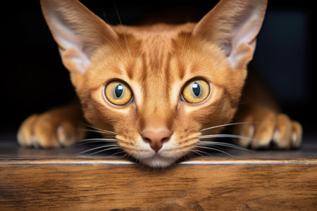 Indoor Abyssinian cat tilting head hiding under wooden furniture looks at cameraの素材