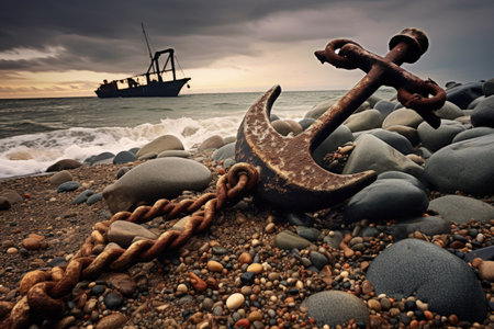 Stormy beach with old anchorの素材