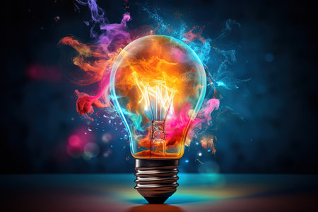 Innovative concept Exploding light bulb with paint and glass matches arts and technology for brainstの素材