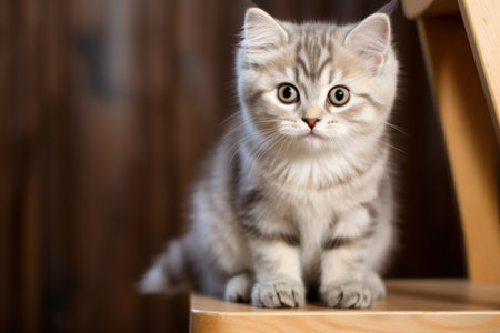Studio photo of a cute young striped kitten on a wooden stoolの素材