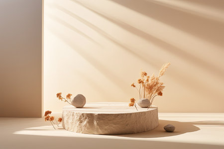 Sunlight from a window illuminates a cream background with a stage like display of stone and a dry fの素材
