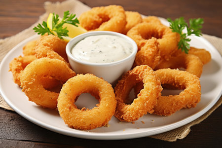 Squid rings in breading served with tartar sauceの素材