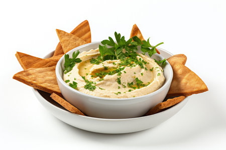 Tasty hummus with parsley and pita chips on plain backdropの素材