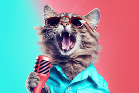 Surreal cat design performing at disco party Promotional poster for fun and creative contemporary arの素材