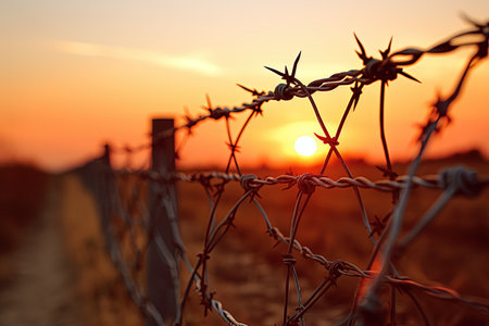 Sunset behind a fence with barbed wireの素材