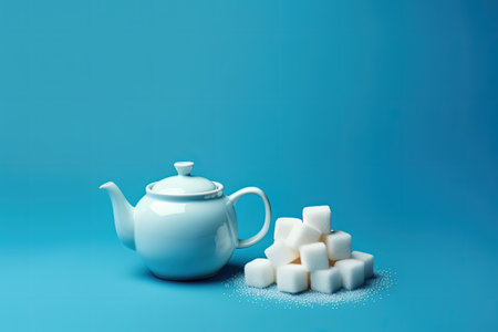 Teapot with sugar and cup of tea on blue backgroundの素材