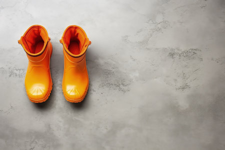 Top view of orange rubber boots on concrete with copy space horizontalの素材