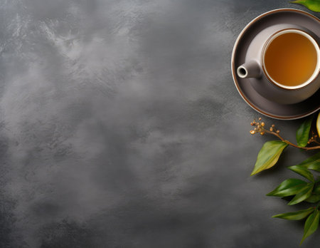 Tea cup and pot with lemon on grey background from topの素材