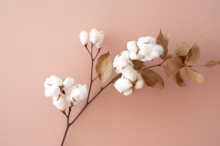 Top view of a colored table with a flat lay composition of dried white fluffy cotton flower branch aの素材