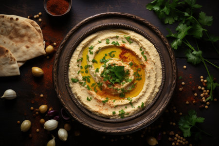 Top view of hummus in a bowlの素材