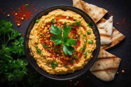 Top view of chickpea hummus with pita chips and garnishes such as paprika and parsleyの素材