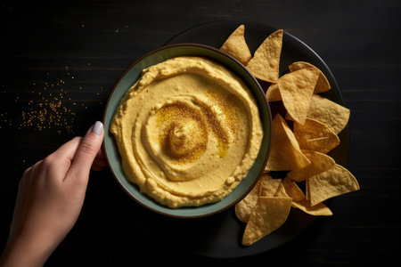 Top down view of woman dipping nacho chip in hummus at black tableの素材