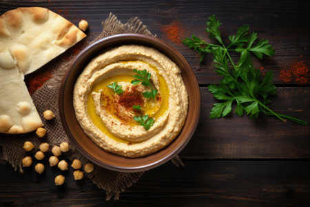 Top view of chickpeas hummus with olive oil and smoked paprika on a wooden surfaceの素材