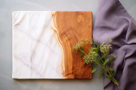 Top view of a wooden cutting board with a napkin placed on a marble tableの素材