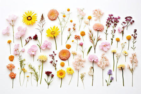 Text space available for beautiful fresh and dry flowers on a white background in a flat layの素材