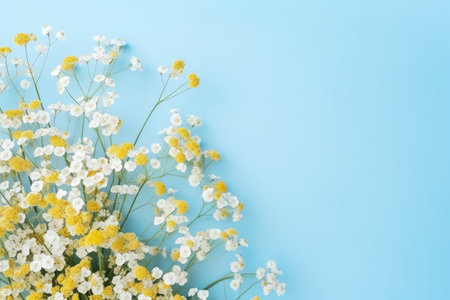 Top view of a light blue background with dried yellow baby s breath flowers flat lay style with emptの素材