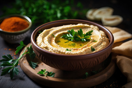 Traditional bowl with hummus parsley and horizontal shotの素材