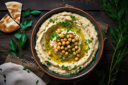 Top view of rustic metal background with a homemade hummus bowl adorned with herbs pita boiled chickの素材