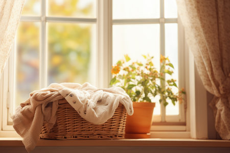 Text space inside wicker basket holding soiled laundry on window ledgeの素材