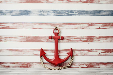 White shabby wall boards with a life saving anchor and buoyの素材