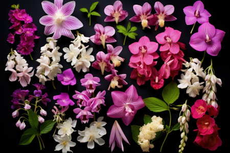 Wild orchid flowers and hydrangea in a geranium forest on a white background Epipactis atrorubens anの素材