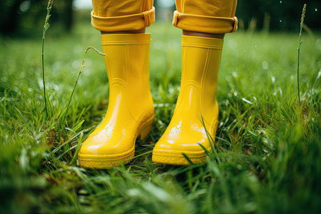 Yellow boots on rainy grassの素材