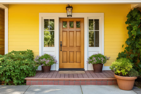 Wooden front door of yellow house with reflections in window wide porch viewの素材
