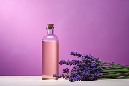Lavender hydrolat in glass bottle with flowers on podium aromatherapy conceptの素材