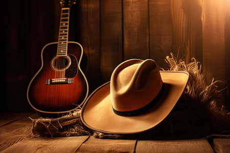 Live concert featuring country music with acoustic guitar and cowboy attireの素材