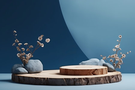 Minimal product display on blue background Wood podium dry flowers and stones Showcase for new produの素材