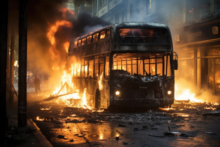 After a fire a charred bus is seen on the road extinguished by firefightersの素材