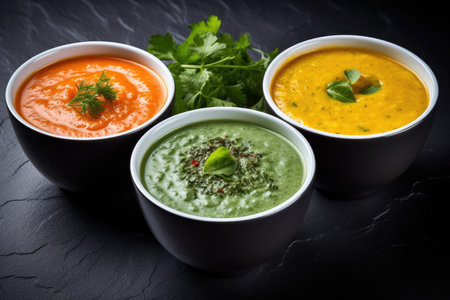 Assortment of colorful soups including spinach tomato and carrot Nutritious fare displayed on a darkの素材