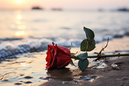 Beach funeral with red rose water backdrop and space for text Symbol of mourning and sympathy card iの素材