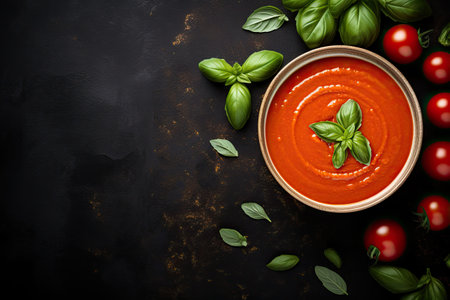 Basil tomato soup in bowl with dark background and copy space from top viewの素材