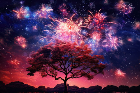 Blurred Milky Way as backdrop for fireworksの素材