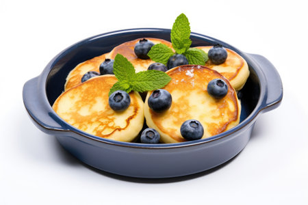 Blueberry and mint pancakes cooked in a small pan set against a white background Morning mealの素材
