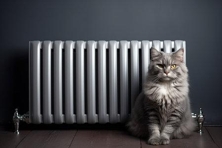 Cat on a gray wall by a heating radiatorの素材