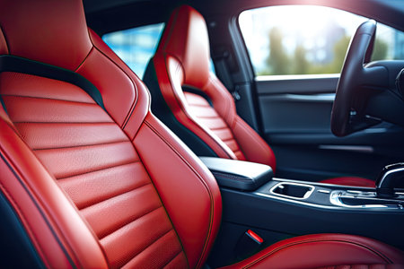 Blurry background of back seats modern sports car s front view red leather front passenger seatの素材