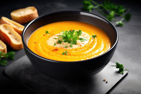 Close up top view of a pumpkin and carrot cream soup in a bowl on a slate backgroundの素材