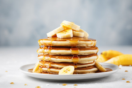 Delicious banana pancakes on white table text space availableの素材