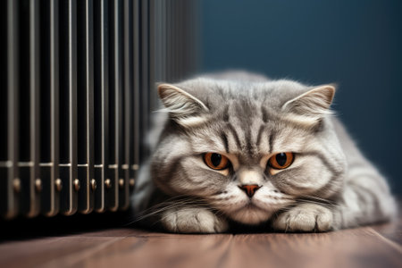 Cat on heating radiator warms up on battery beside gray wallの素材