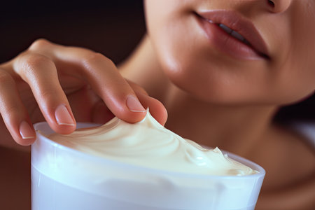 Close up of a young woman applying body creamの素材