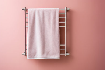 Contemporary heated towel rack with cozy towel on pale pink wall Room for inscriptionの素材