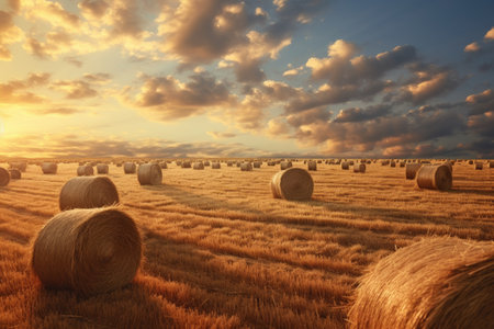 Golden haystack filled field with cloudy sunset sunrise sky Animal feed procurement in agricultureの素材