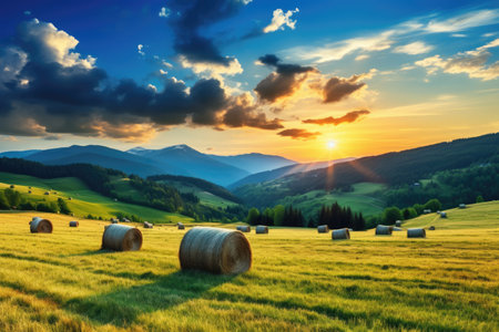 Gorgeous Carpathian alpine valley with meadow haystacks at sunsetの素材